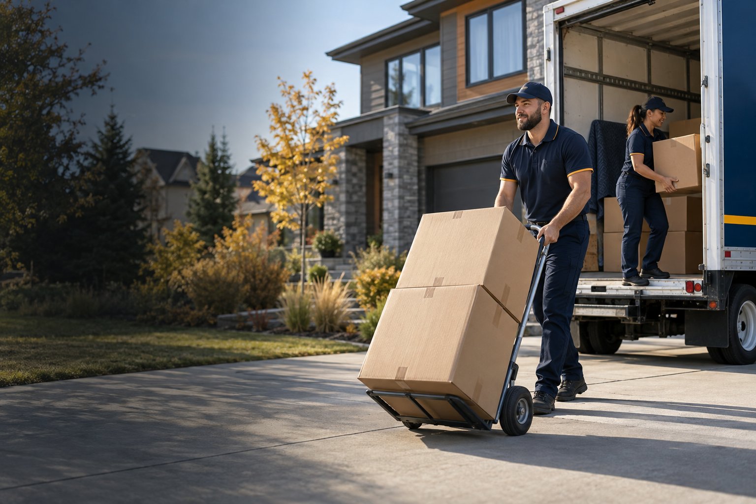 Illustration of movers loading boxes beside a truck at a Calgary home