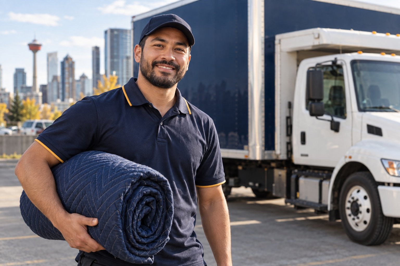 Illustration of a mover holding a protective blanket beside a moving truck