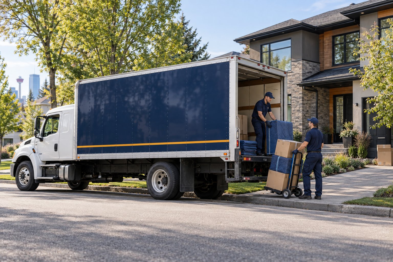 Illustration of movers loading a truck outside a Calgary home